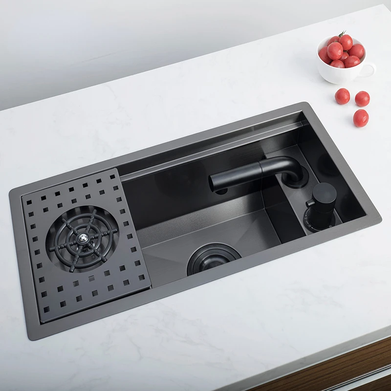 304 Stainless Steel Single-Bowl Kitchen Sink with Hidden Cup Washer and Narrow Basin