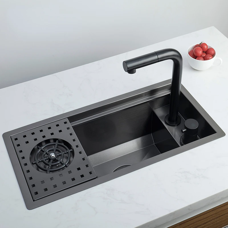 304 Stainless Steel Single-Bowl Kitchen Sink with Hidden Cup Washer and Narrow Basin