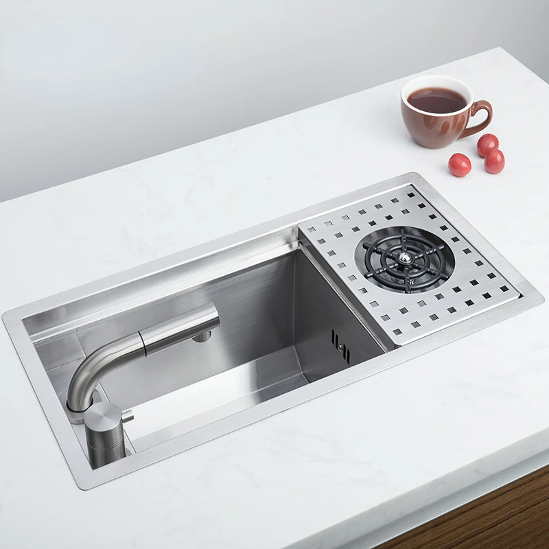 304 Stainless Steel Single-Bowl Kitchen Sink with Hidden Cup Washer and Narrow Basin