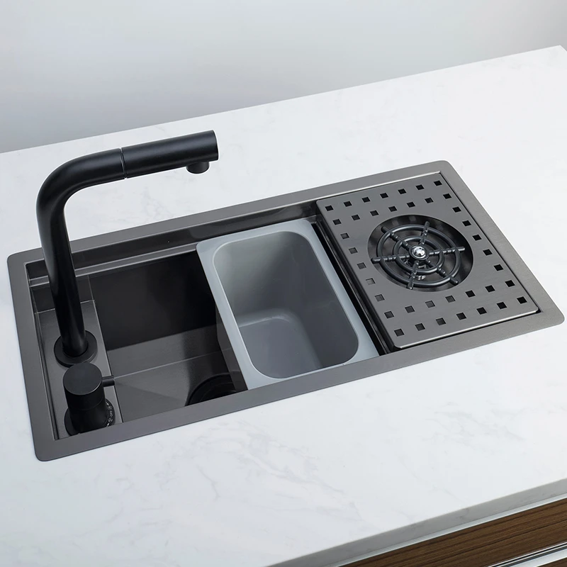 304 Stainless Steel Single-Bowl Kitchen Sink with Hidden Cup Washer and Narrow Basin Color : A1 Brushed NO TAP|A2 Gray NO tap|B1 Brushed With tap|B2 Gray with TAP 304 Stainless Steel Single-Bowl Kitchen Sink with Hidden Cup Washer and Narrow Basin Color : A1 Brushed NO TAP|A2 Gray NO tap|B1 Brushed With tap|B2 Gray with TAP