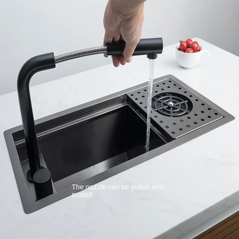 304 Stainless Steel Single-Bowl Kitchen Sink with Hidden Cup Washer and Narrow Basin