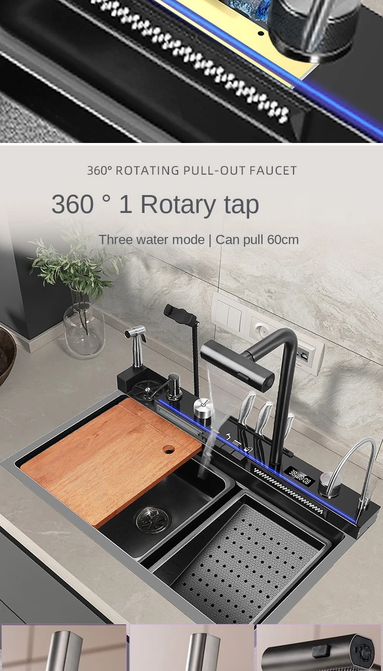 Large Single Slot Kitchen 304 Stainless Steel Waterfall Sink