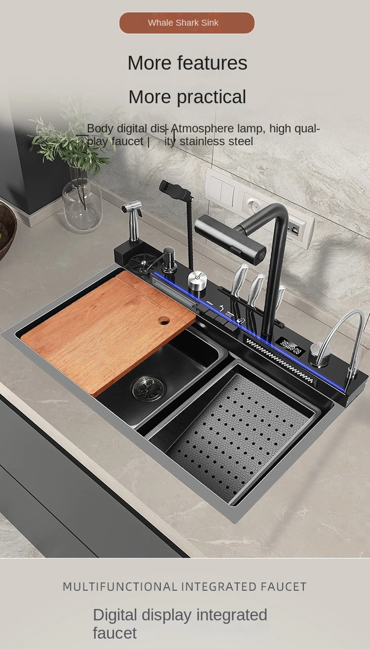 Large Single Slot Kitchen 304 Stainless Steel Waterfall Sink