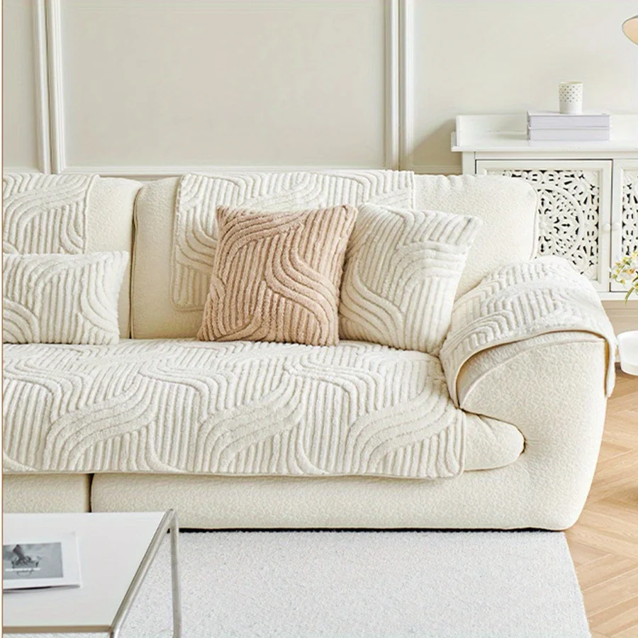 1pc Velvet Sofa Cover Cream Style Striped Sofa Towel