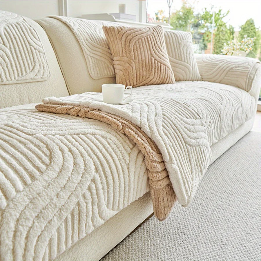 1pc Velvet Sofa Cover Cream Style Striped Sofa Towel