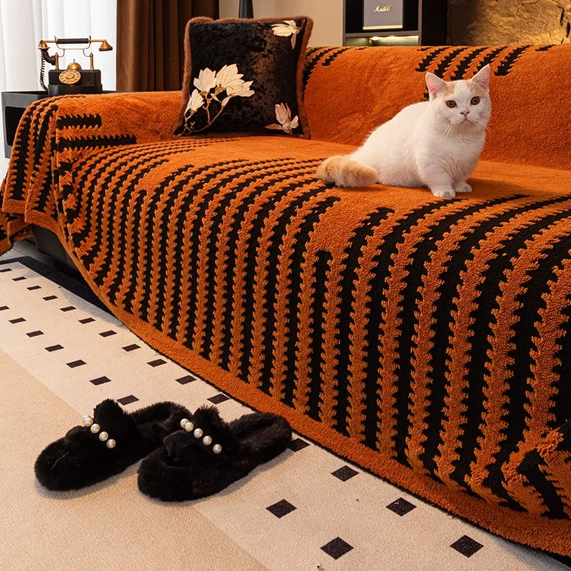 Thicken Warm Jacquard Tuffed Fleece Sofa Towel for Living Room