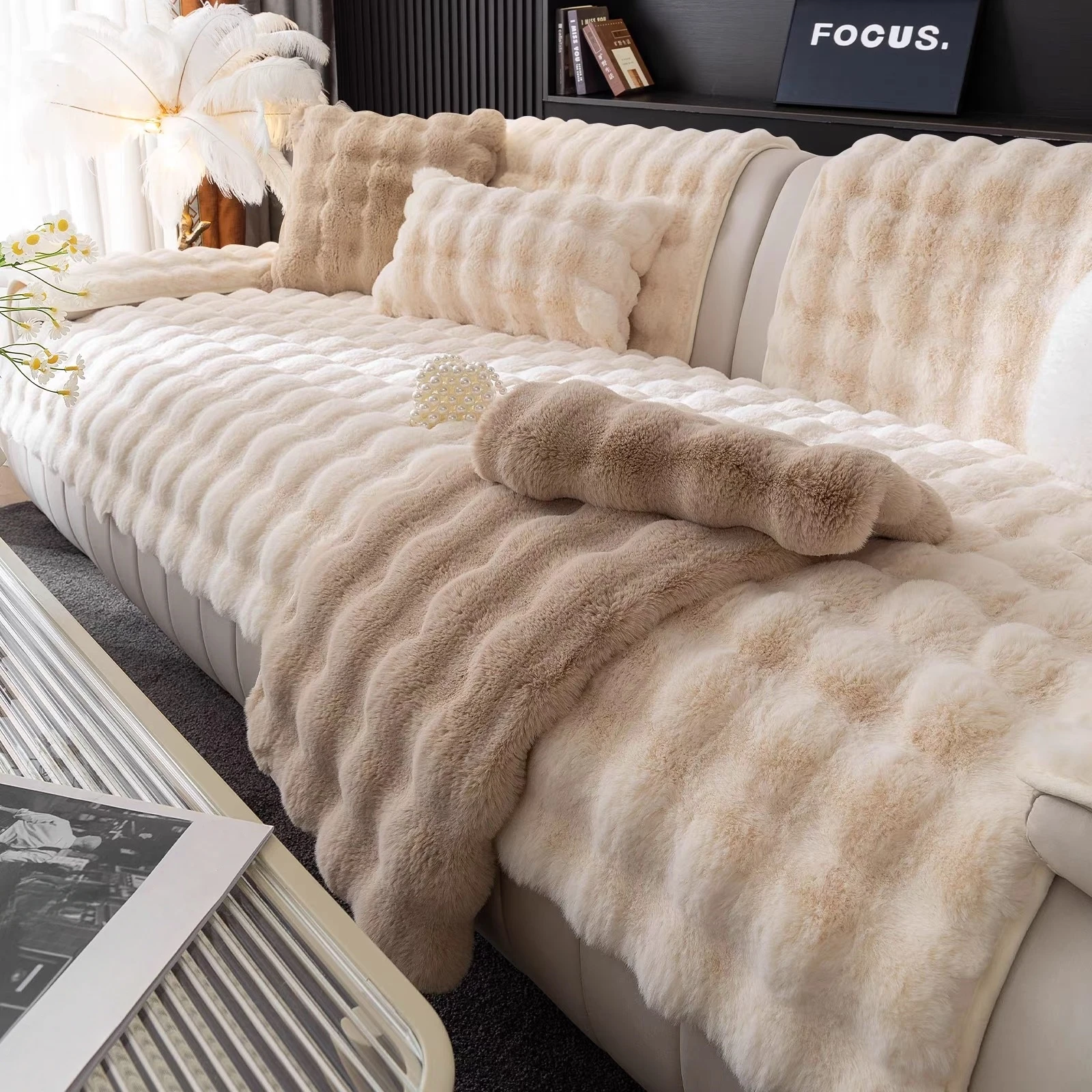 Thicken Imitation Rabbit Fur Plush Sofa Slipcover