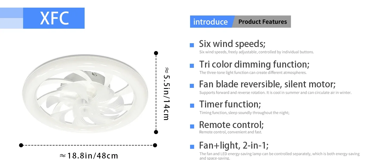 48cm Low Floor Thin LED Ceiling Fan Ceiling Light, with Lighting, Low Noise, Remote