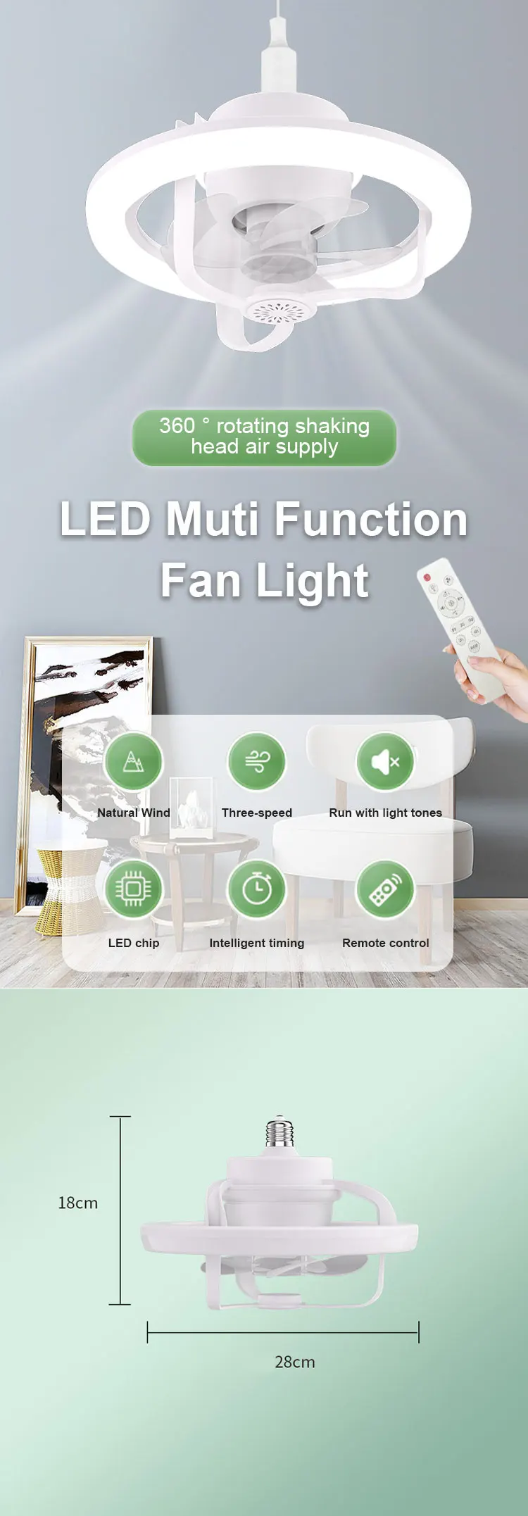 360&deg;Rotating E27 Ceiling Fan Bulb LED Light with Remote