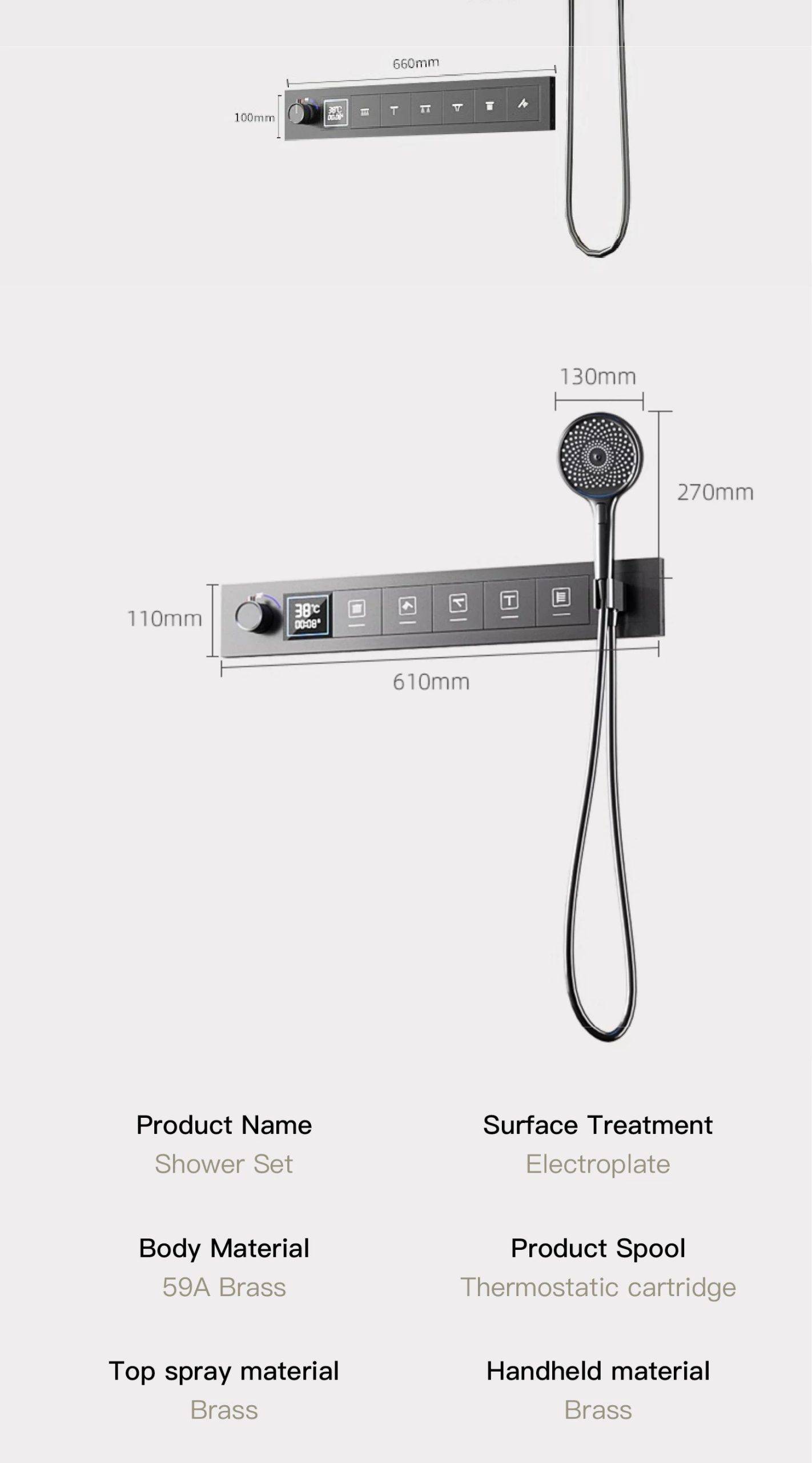 Luxury Brass Gunmetal LED Display Thermostatic Shower System