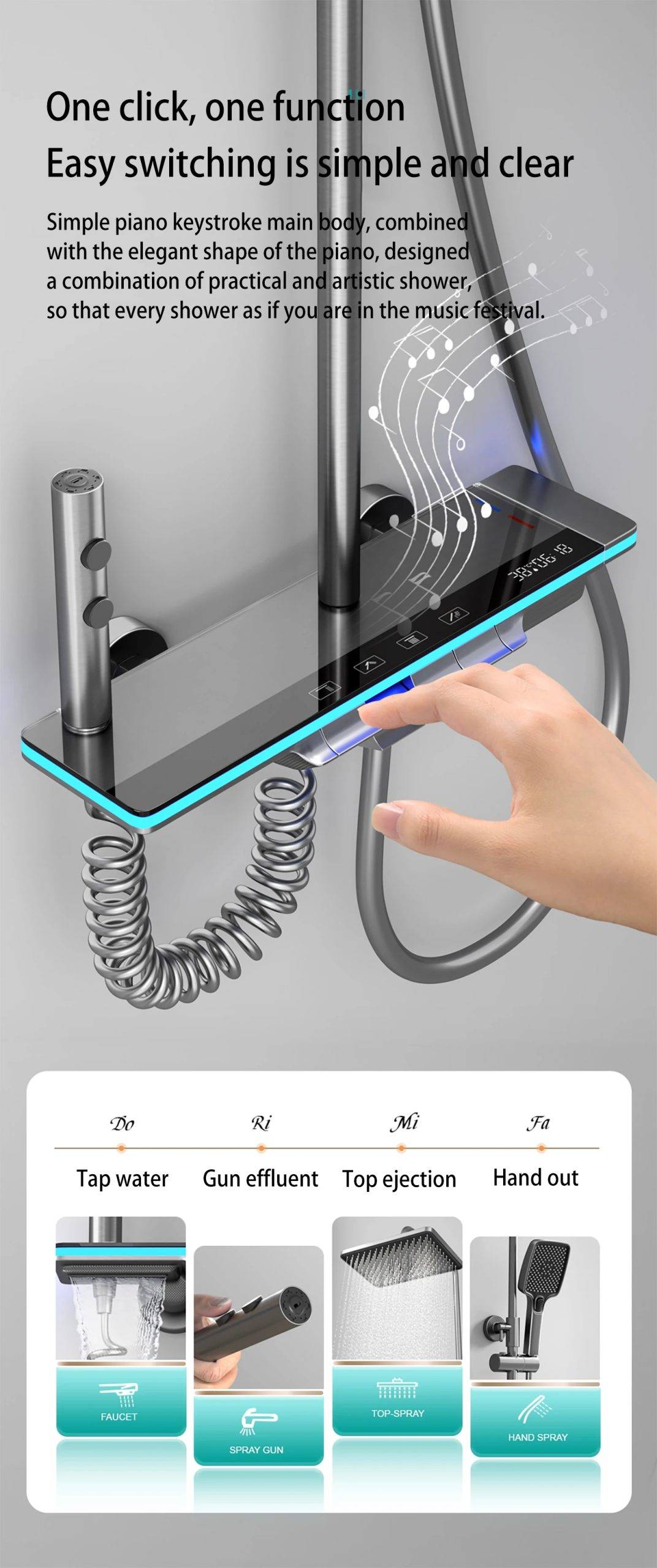 Bathroom Luxury Shower System with Lights Tempered Glass Piano Key Smart Digital Display