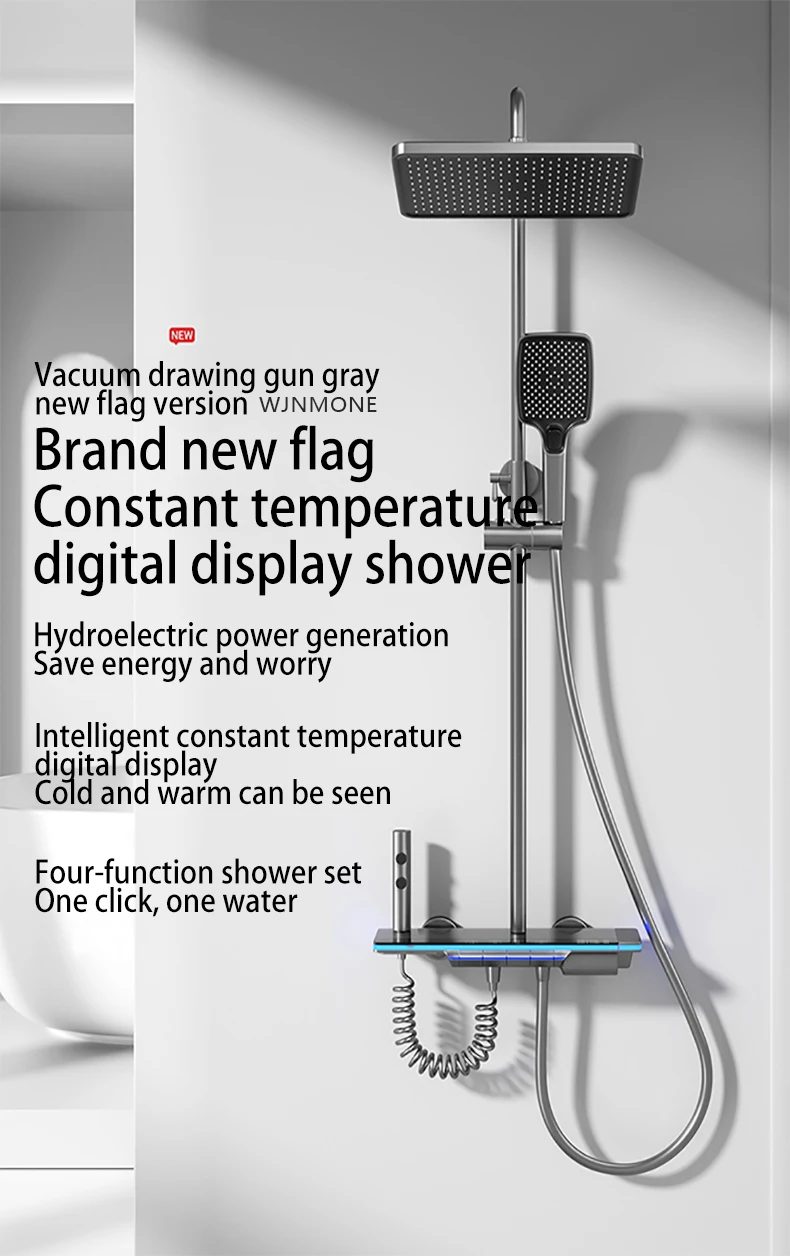 Bathroom Luxury Shower System with Lights Tempered Glass Piano Key Smart Digital Display