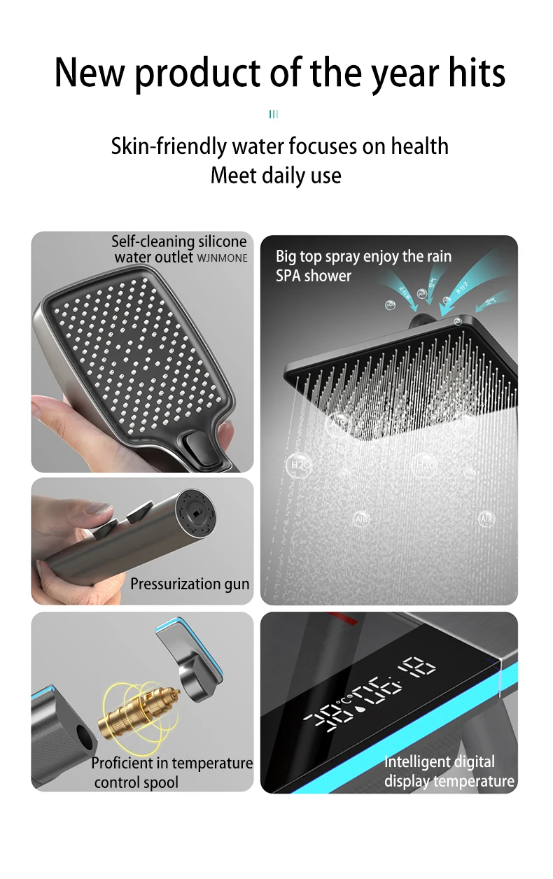 Bathroom Luxury Shower System with Lights Tempered Glass Piano Key Smart Digital Display