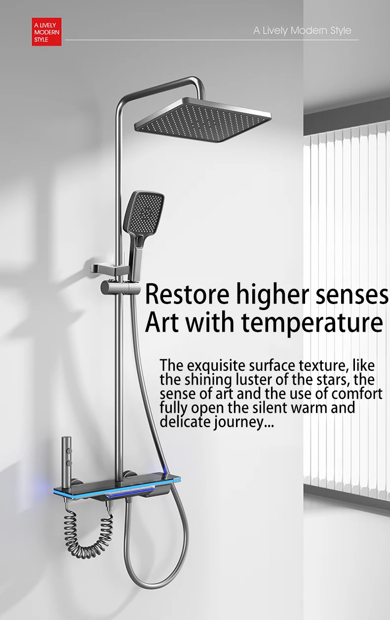 Bathroom Luxury Shower System with Lights Tempered Glass Piano Key Smart Digital Display