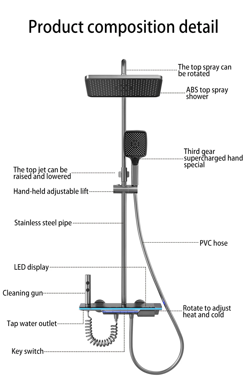 Bathroom Luxury Shower System with Lights Tempered Glass Piano Key Smart Digital Display