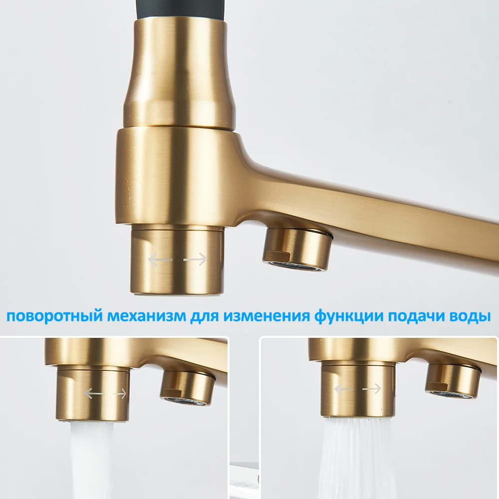 Brushed Gold Kitchen Faucet Filtered Water Dual Spout Purification Feature Kitchen Tap 360 Rotation Water Crane For Kitchen