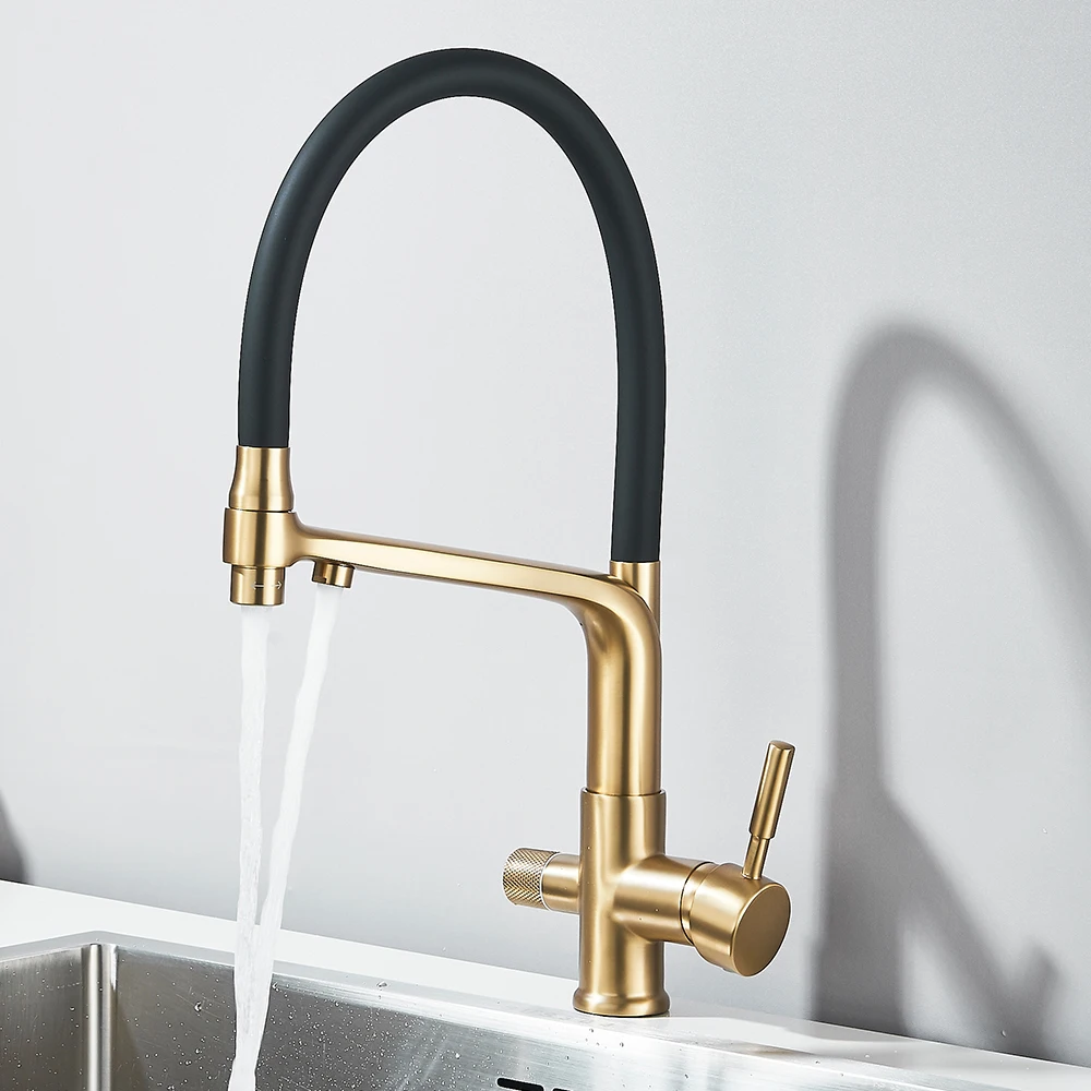 Brushed Gold Kitchen Faucet Filtered Water Dual Spout Purification Feature Kitchen Tap 360 Rotation Water Crane For Kitchen