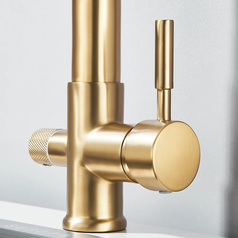 Brushed Gold Kitchen Faucet Filtered Water Dual Spout Purification Feature Kitchen Tap 360 Rotation Water Crane For Kitchen