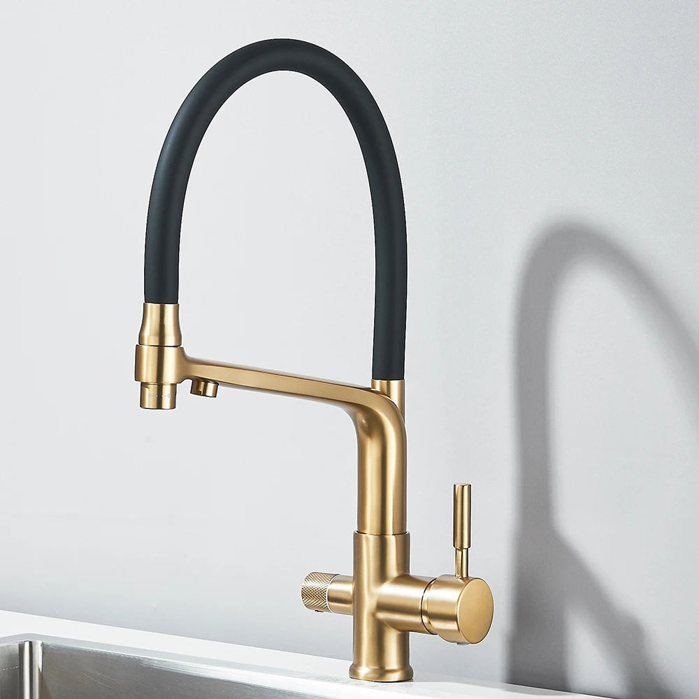 Brushed Gold Kitchen Faucet Filtered Water Dual Spout Purification Feature Kitchen Tap 360 Rotation Water Crane For Kitchen