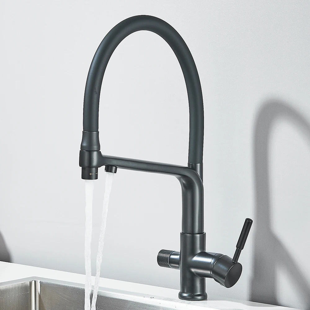 Brushed Gold Kitchen Faucet Filtered Water Dual Spout Purification Feature Kitchen Tap 360 Rotation Water Crane For Kitchen