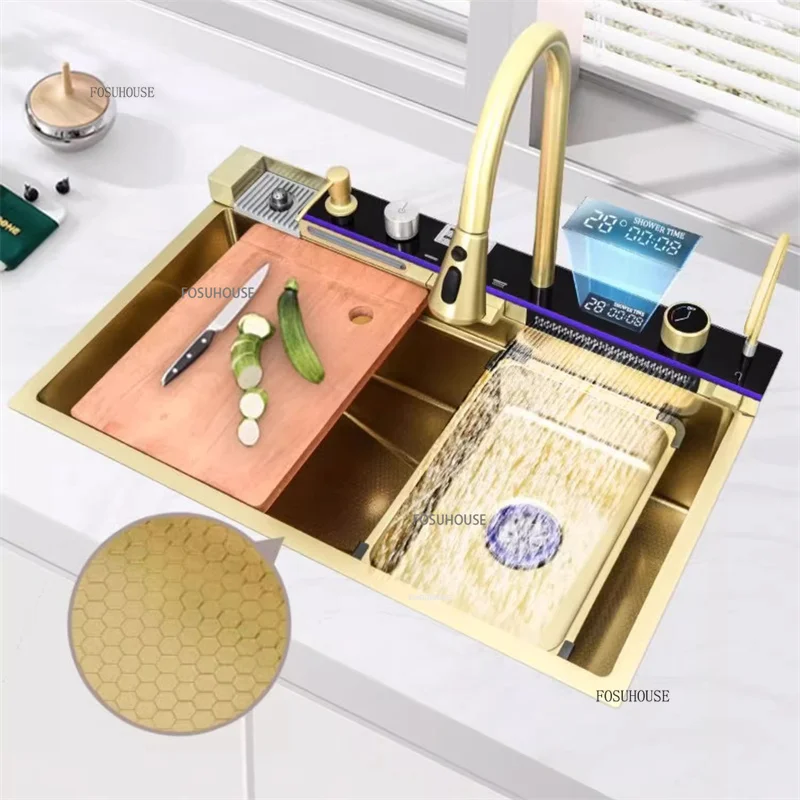 Gold Kitchen Sink with Digital Display BATHROOM ACCESSORIES Color : 68x45cm|75x45cm|80x45cm Gold Kitchen Sink with Digital Display BATHROOM ACCESSORIES Color : 68x45cm|75x45cm|80x45cm