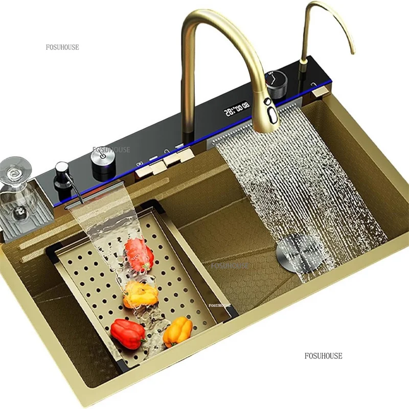 Gold Kitchen Sink with Digital Display BATHROOM ACCESSORIES Color : 68x45cm|75x45cm|80x45cm Gold Kitchen Sink with Digital Display BATHROOM ACCESSORIES Color : 68x45cm|75x45cm|80x45cm