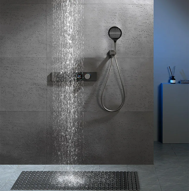 Hidden In-wall Design Shower System with Digital Display Key Button, Gunmetal Shower Set for Hotel, Guesthouse