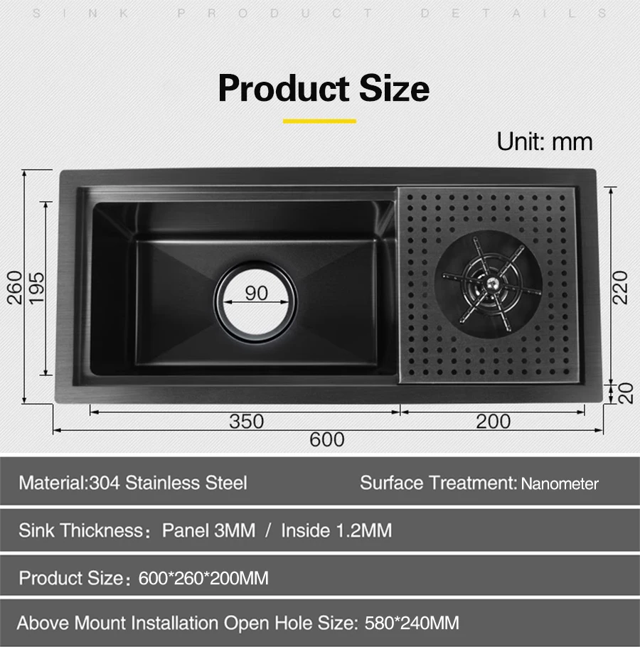 Hidden Nano Black 304 Stainless Steel Kitchen Sink