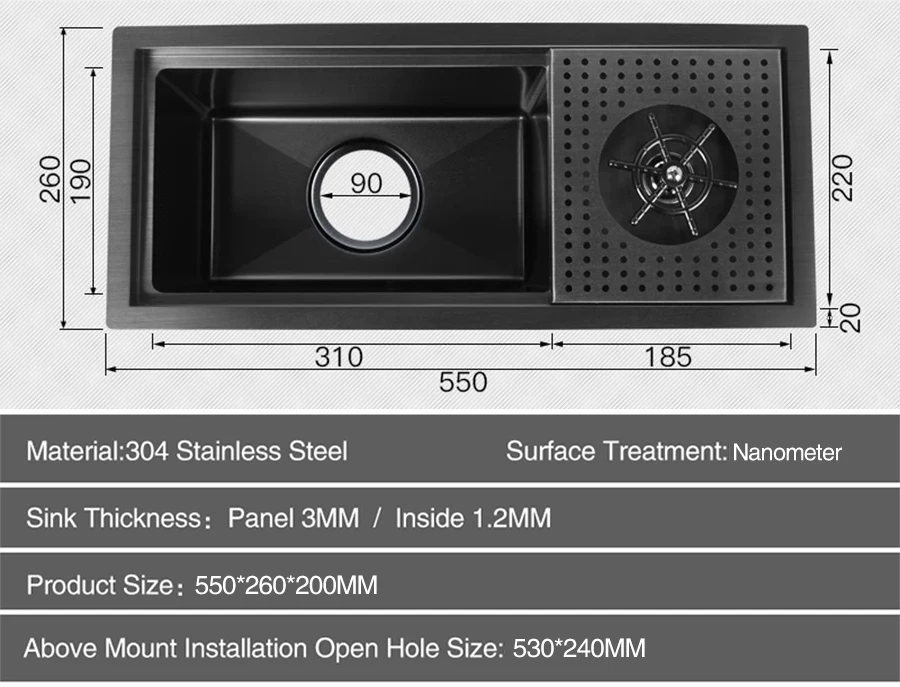Hidden Nano Black 304 Stainless Steel Kitchen Sink