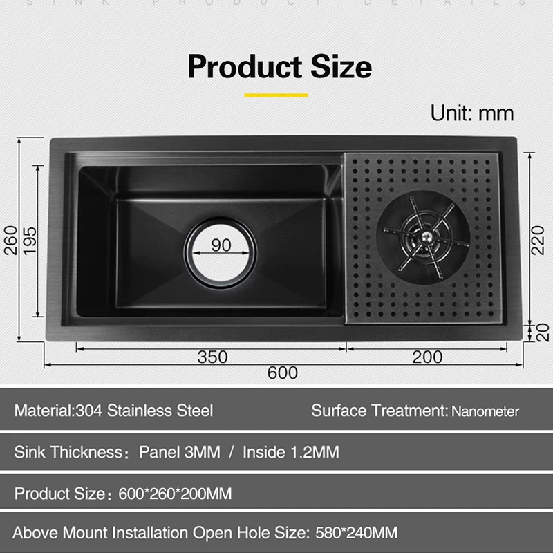 Hidden Nano Black 304 Stainless Steel Kitchen Sink KITCHEN & DINNING Color : 5526A|5526B|5526C|6026A|6026B|6026C Hidden Nano Black 304 Stainless Steel Kitchen Sink KITCHEN & DINNING Color : 5526A|5526B|5526C|6026A|6026B|6026C