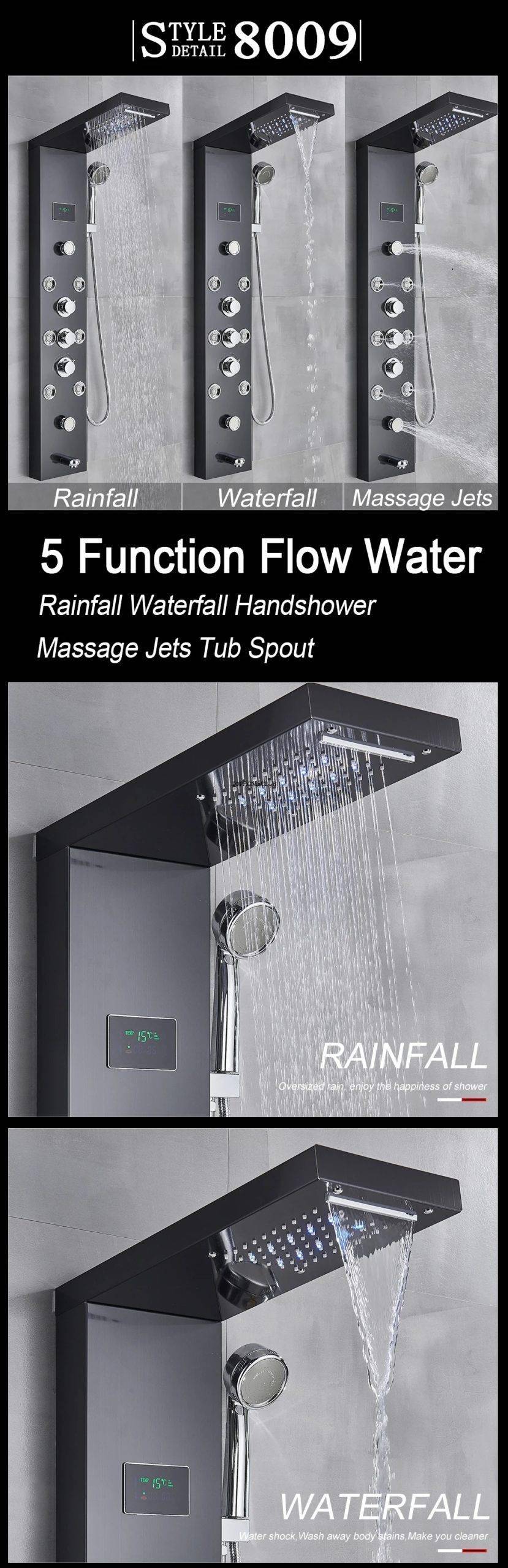 LED Light Shower Panel Waterfall Rain Digital Display Shower Faucet Set LED Light Shower Panel Waterfall Rain Digital Display Shower Faucet Set