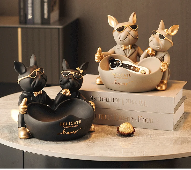 Lovers Bulldog Statue with Bowl Storage Box For Keys Lovers Bulldog Statue with Bowl Storage Box For Keys
