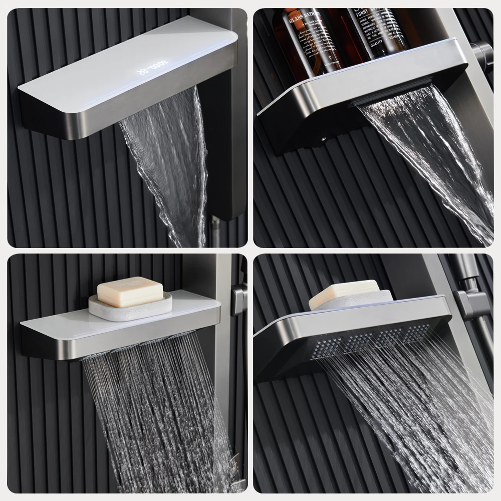 Luxury Bathroom Smart Rainfall Shower System Wall Mounted LED Digital Display Temperature Mixer Waterfall Rain Shower Faucet Set Color : Luxury Silver|New Milk White|Flagship Matte Grey|Elegant White Luxury Bathroom Smart Rainfall Shower System Wall Mounted LED Digital Display Temperature Mixer Waterfall Rain Shower Faucet Set Color : Luxury Silver|New Milk White|Flagship Matte Grey|Elegant White