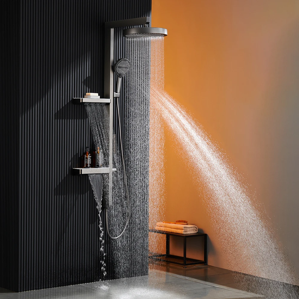 Luxury Bathroom Smart Rainfall Shower System Wall Mounted LED Digital Display Temperature Mixer Waterfall Rain Shower Faucet Set Luxury Bathroom Smart Rainfall Shower System Wall Mounted LED Digital Display Temperature Mixer Waterfall Rain Shower Faucet Set