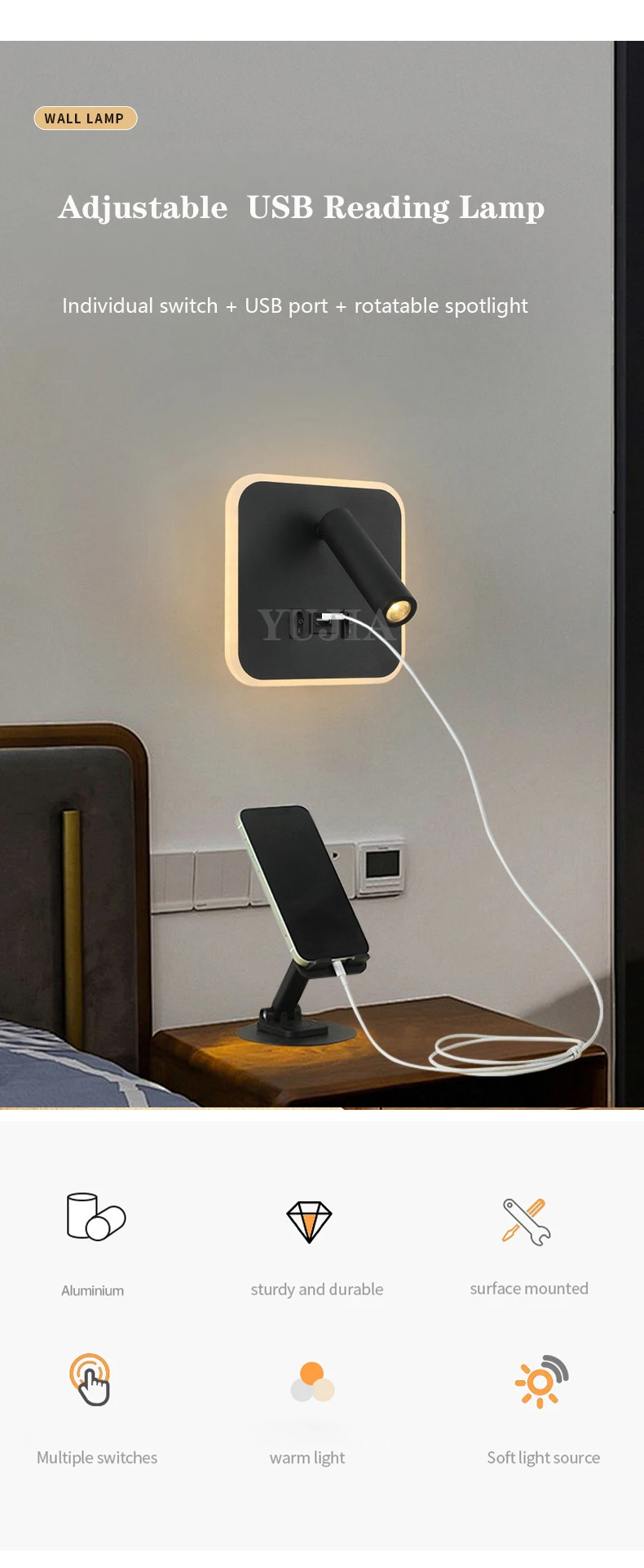 Modern Led Wall Sconce Reading Light 2 Switches Type-A & Type-C USB Ports