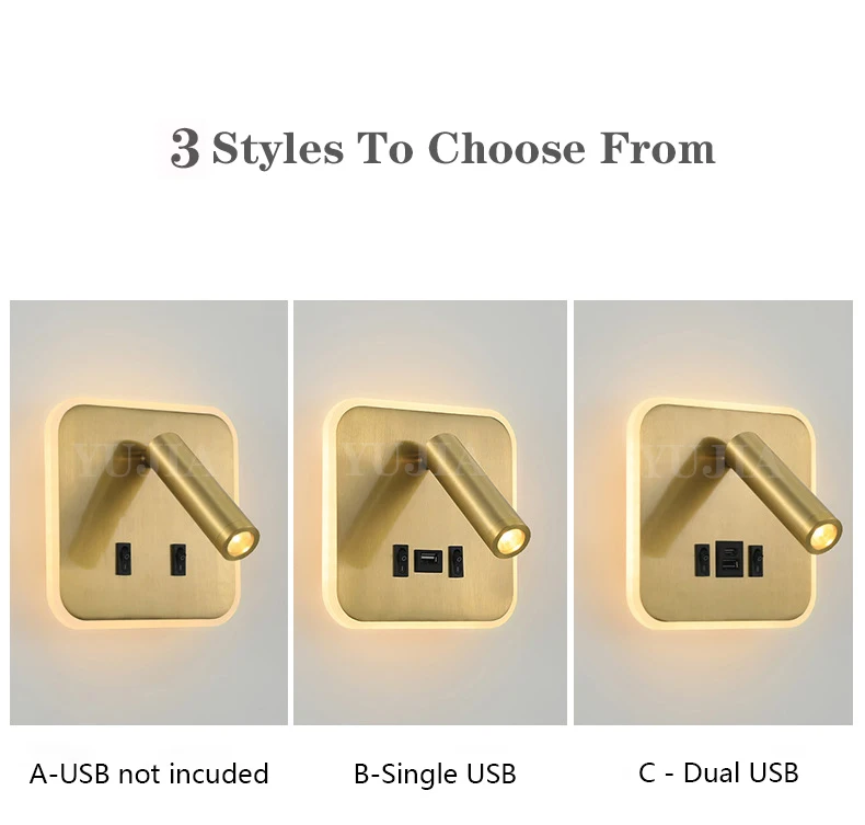 Modern Led Wall Sconce Reading Light 2 Switches Type-A & Type-C USB Ports