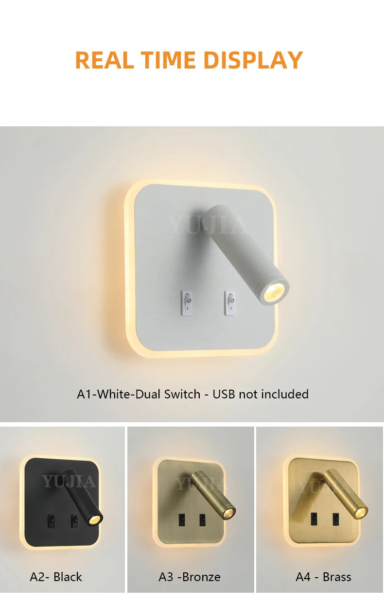 Modern Led Wall Sconce Reading Light 2 Switches Type-A & Type-C USB Ports