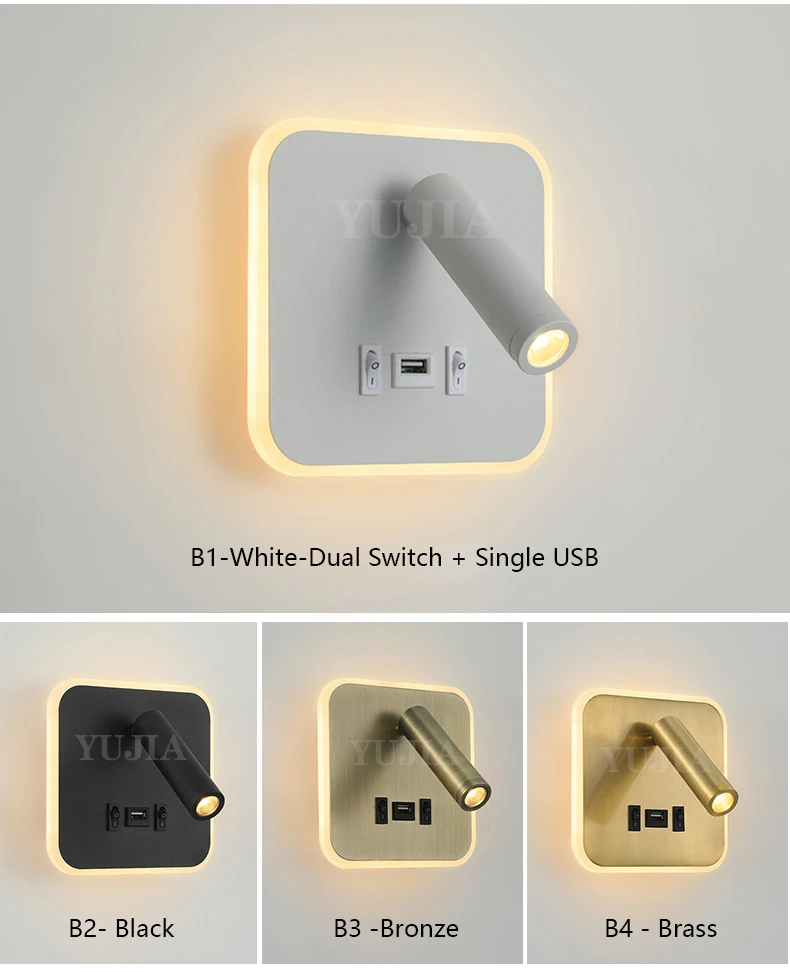 Modern Led Wall Sconce Reading Light 2 Switches Type-A & Type-C USB Ports