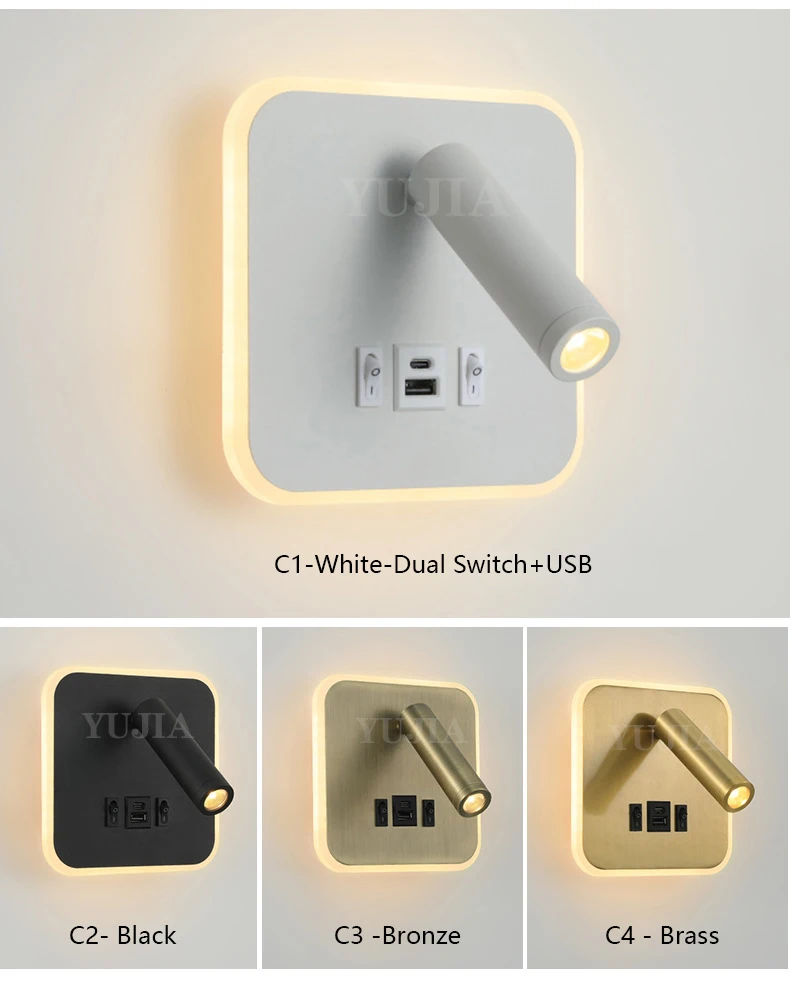 Modern Led Wall Sconce Reading Light 2 Switches Type-A & Type-C USB Ports