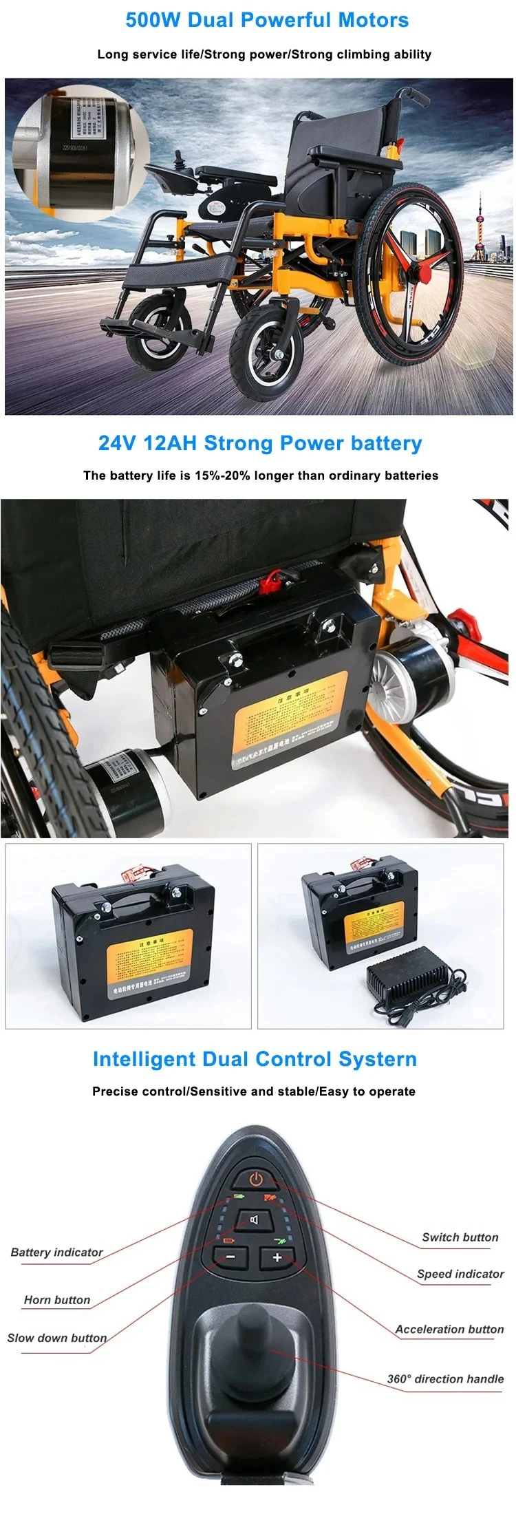 Popular Folding Portable Steel Electric Wheelchair