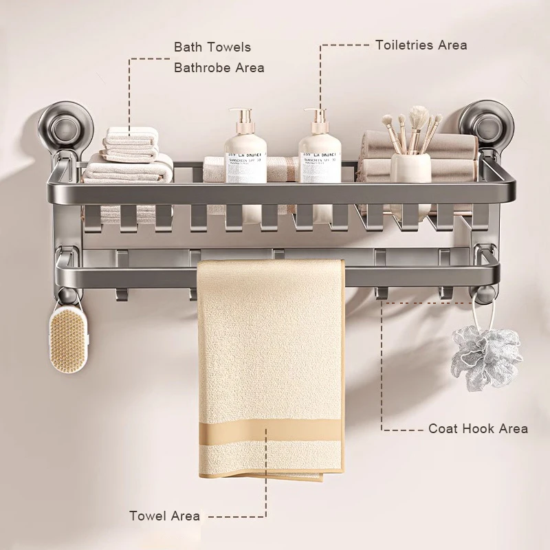 Powerful Suction Cup Towel Rack with Coat Hook BATHROOM SHELVES Color : Cream White 50cm|Cream White 60cm|Grey 50 cm|Grey 60 cm Powerful Suction Cup Towel Rack with Coat Hook BATHROOM SHELVES Color : Cream White 50cm|Cream White 60cm|Grey 50 cm|Grey 60 cm