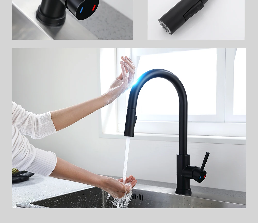 Sensor Stainless Steel Black Smart Induction Mixed Tap Touch Control Sink Tap