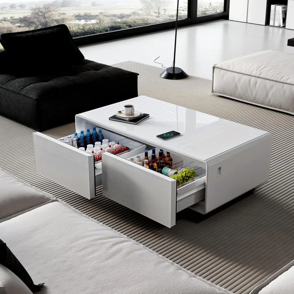 Smart Coffee Table with Built in Fridge, Living Room Table Bluetooth Sound and Wireless Charging, Type-C & USB Interface, Temper Smart Coffee Table with Built in Fridge, Living Room Table Bluetooth Sound and Wireless Charging, Type-C & USB Interface, Temper