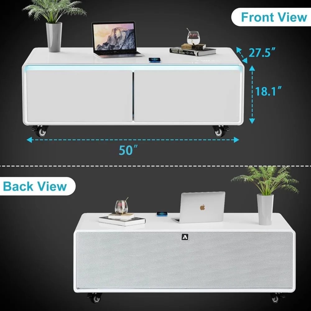 Smart Coffee Table with Built in Fridge, Living Room Table Bluetooth Sound and Wireless Charging, Type-C & USB Interface, Temper Smart Coffee Table with Built in Fridge, Living Room Table Bluetooth Sound and Wireless Charging, Type-C & USB Interface, Temper