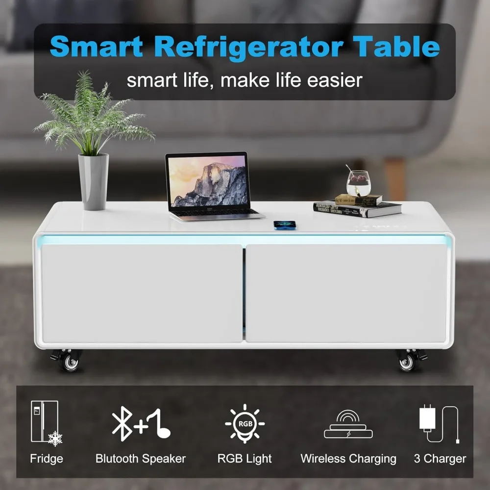 Smart Coffee Table with Built in Fridge, Living Room Table Bluetooth Sound and Wireless Charging, Type-C & USB Interface, Temper Smart Coffee Table with Built in Fridge, Living Room Table Bluetooth Sound and Wireless Charging, Type-C & USB Interface, Temper