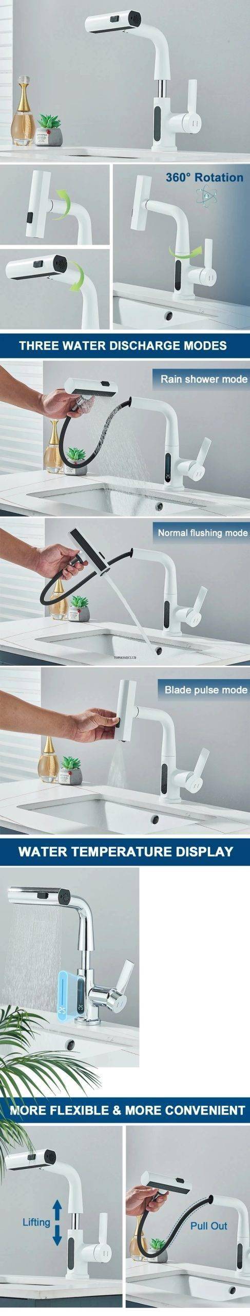 Temperature Digital Display Basin Faucet For Bathroom Pull Out Waterfall Stream 3 Way Sprayer Hot Cold Water Sink Mixer Wash Tap