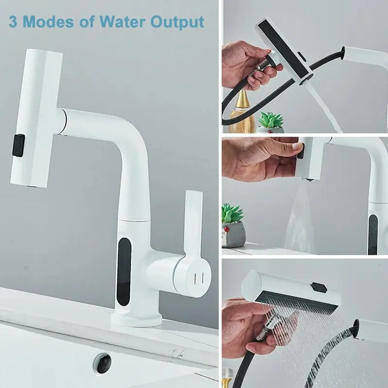 Temperature Digital Display Basin Faucet For Bathroom Pull Out Waterfall Stream 3 Way Sprayer Hot Cold Water Sink Mixer Wash Tap Color : Black|Chrome|White|Gun Grey Temperature Digital Display Basin Faucet For Bathroom Pull Out Waterfall Stream 3 Way Sprayer Hot Cold Water Sink Mixer Wash Tap Color : Black|Chrome|White|Gun Grey