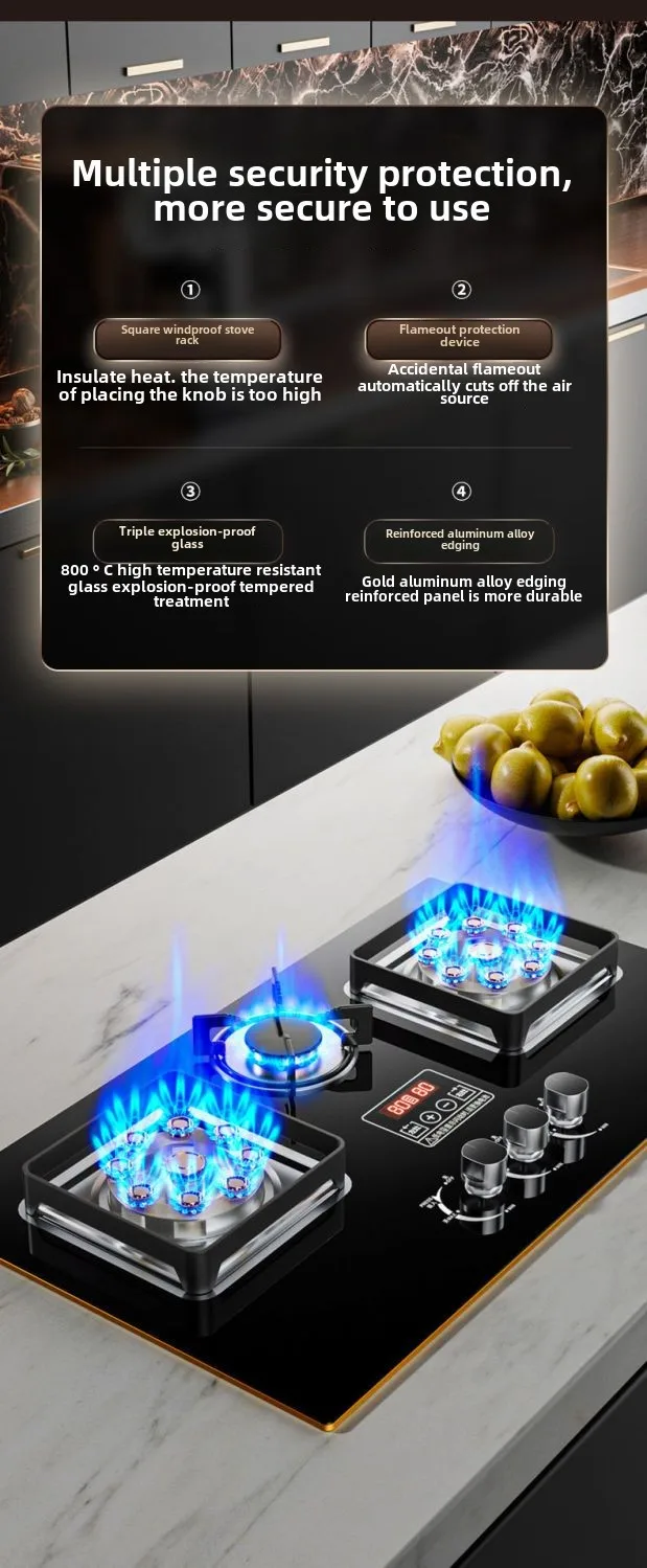 Three-burner gas stove desktop fierce fire gas stove embedded natural gas three-burner stove for home use