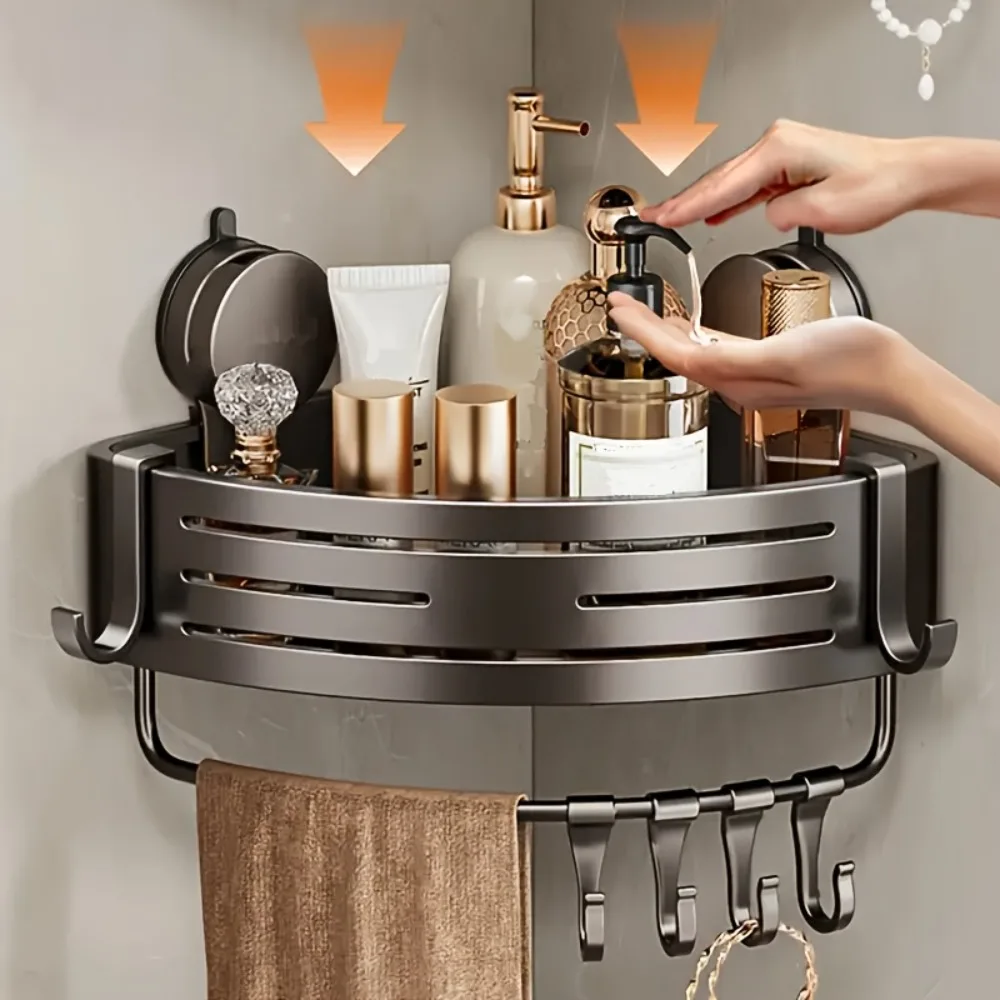 Triangular Space-Saving Suction Cup Bathroom Storage Shelf No Drilling Required Multifunctional Storage Organizer with Hooks Triangular Space-Saving Suction Cup Bathroom Storage Shelf No Drilling Required Multifunctional Storage Organizer with Hooks