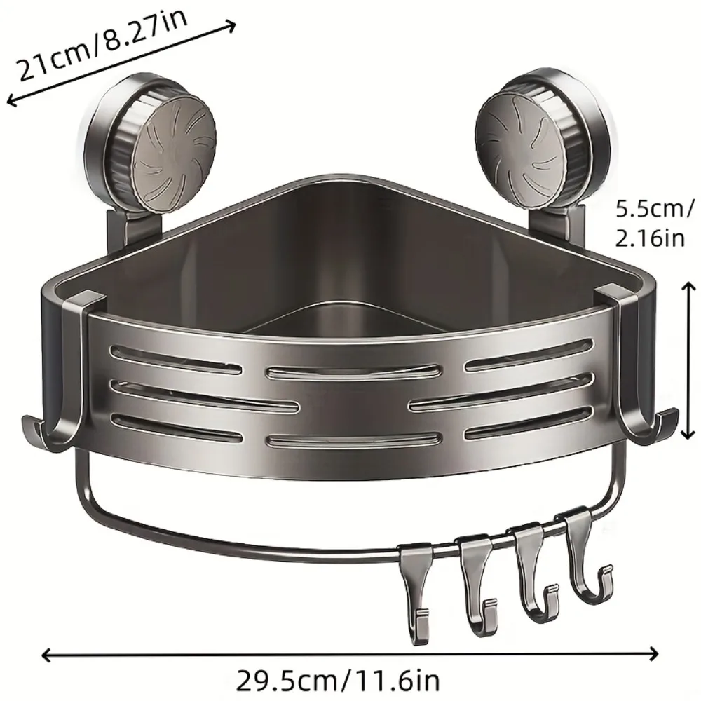 Triangular Space-Saving Suction Cup Bathroom Storage Shelf No Drilling Required Multifunctional Storage Organizer with Hooks Triangular Space-Saving Suction Cup Bathroom Storage Shelf No Drilling Required Multifunctional Storage Organizer with Hooks